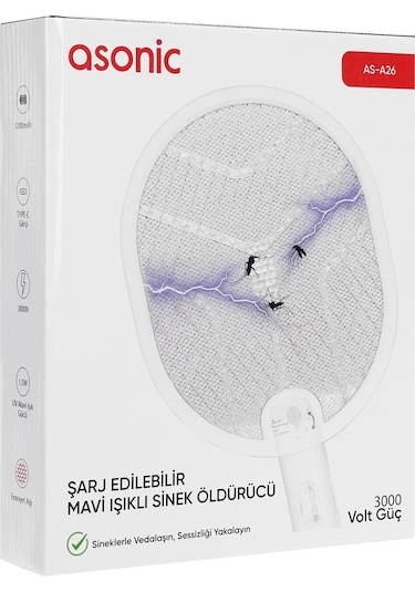 Asonic As-a26 Beyaz 1200mah 3000v Çıkış Uv Işıklı Şarjli Katlanabilir Askılı Sinek Öldürücü