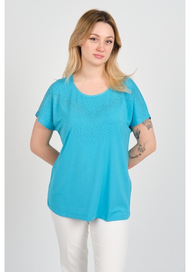 Ella Camelia Kadın Düşük Kollu Taş Süsleme Detaylı Bisiklet Yaka Bluz 24e116 Açık Mavi Açık Mavi