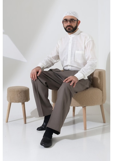 Erkek Beli Lastikli Cepli Hac Umre Kumaş Şalvar Pantolon - Toprak Isr Vizon