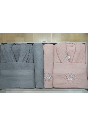 Hobby Line %100 Saf Pamuk Aile Bornoz Seti-pembe Gri Pembe - Gri