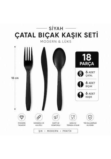 Siyah Plastik Çatal Bıçak Kaşık Seti 18 Cm 18 Parça Modern Lüks