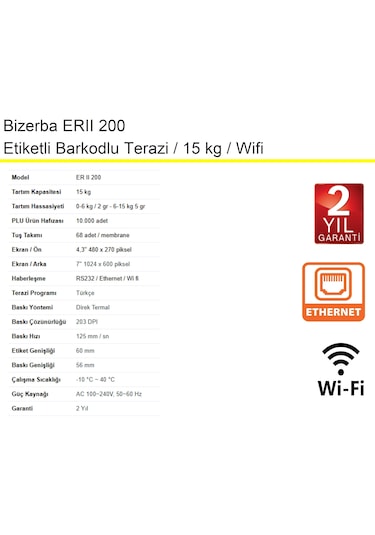 Bizerba Erıı 200 Etiketli Barkodlu Terazi 15 Kg