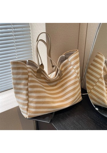 Yogodlns Kadın Rahat Çizgili Kanvas Çanta - Büyük Kapasiteli, Omuz Askılı, Günlük Alışveriş, Okul Seyahat Çantası Mavidistribütör Garantili