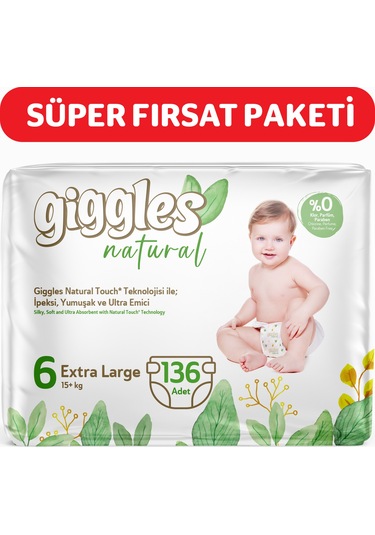 Giggles Natural 6 Numara Junior Plus Pamuklu Bebek Bezi 136 Adet
