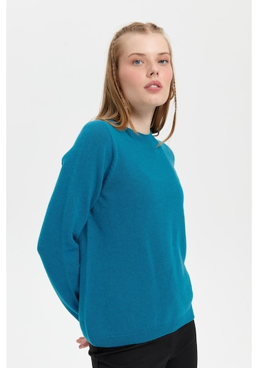 Desen Triko Kadın Sıfır Yaka Klasik Yün Kazak 23163 Petrol Petrol
