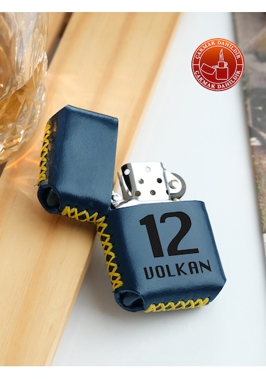 Hakiki Deri Kılıflı Sarı Lacivert Taraftar Benzinli Çakmak