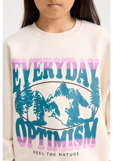 DeFacto Kız Çocuk Relax Fit Bisiklet Yaka Baskılı Sweatshirt D7055A824WNER99 Ekru