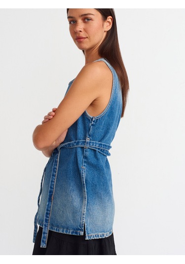 Dilvin İnce Kemerli Denim Bluz Mavi