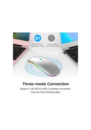Lemestar Optik Kablosuz Fare, 2.4g+bt3.0+bt5.2 Üçlü Bağlantı, Led Işıklı, Sessiz, Ergonomik, 500mah Pil, Gümüş Type-c Adaptörü İle Optik