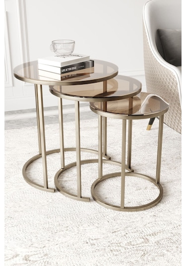 Dekoport Milas C Zigon Sehpa Prinç Eskitme Rengi Bronz Cam Eskitme