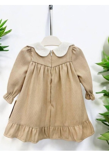 Cantoy Kız Bebek Bebe Yaka Fitilli Kadife Elbise-15068 Camel