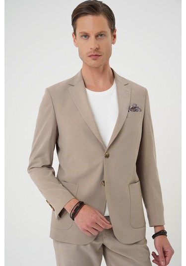 Slim Fit Torba Cep Spandex Karışımlı Casual Bej Ceket C 714 Bej