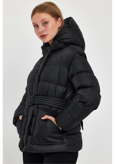 Alisse-kadın Siyah Kapüşonlu Kemerli Şişme Mont Kaban Siyah