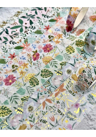 Kare Vintage Washi Tape Bant Yapışkanlı Maskeleme Kağıdı Desenli Bant 12'li - Yeşil Çiçekler 1
