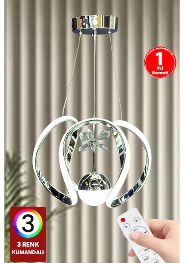 Fuzon 3 Renk Kumandalı Toplu Krom Led Avize Inci Ledli Avize Gri - Gümüş