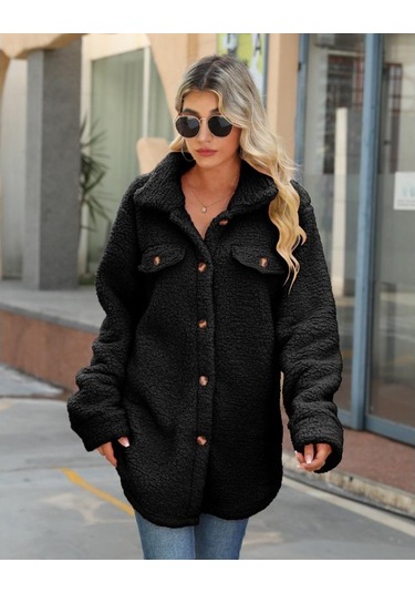 Sonbahar Ve Kış Kadın Ceket Yaka Uzun Kollu Gevşek Düğmeler Sahte Cepler Demir Olmayan Uzun Peluş Ceket Siyah