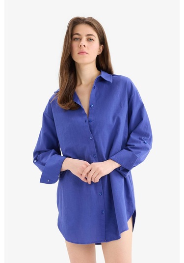 DeFacto Regular Fit Pamuklu Plaj Gömleği-Fall in Love W8241AZ25SMBE114 Mavi