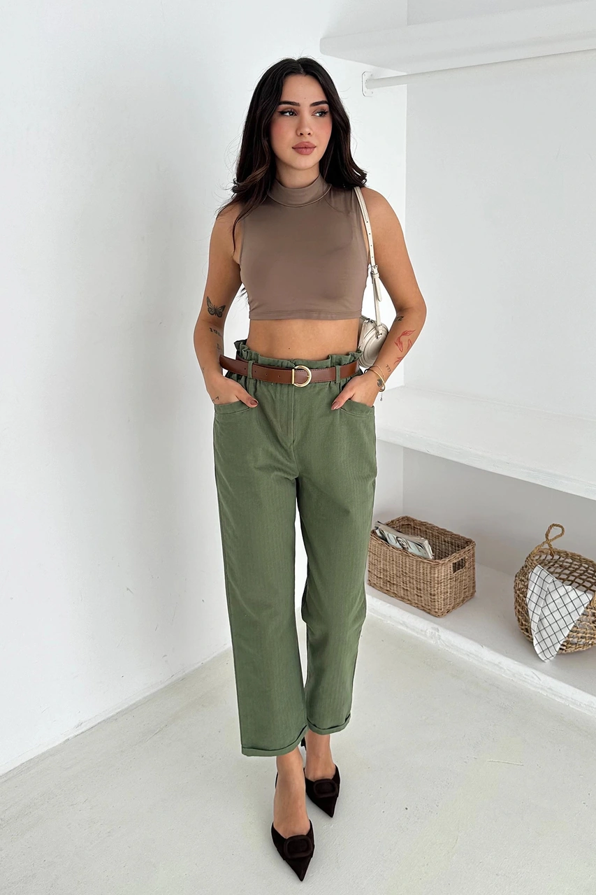 Yıkamalı Pamuk Yağmur Gabardin Yüksek Bel Pantolon Haki Haki