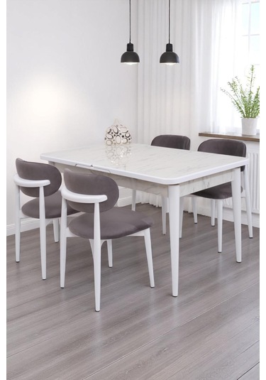 Duru Norte Mdf Lak Panel Açılır Yemek Masa Takımı 90x160 Beyaz Mermer