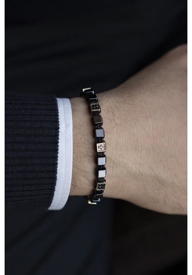 Seramik Ve 14 Ayar Altın Erkek Bilekliği N11.5088 Pembe Altın - Siyah