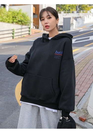 Back Sweatshirt - Siyah Baskılı Oversize Kapüşonlu Siyah