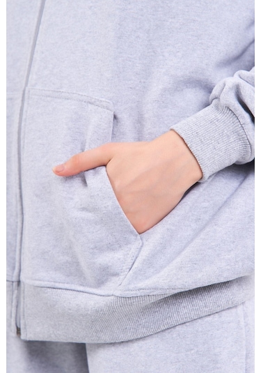 Kadın Gri Normal Kalıp Basic Beli Lastikli Kapüşonlu Oversize Mevsimlik Alt Üst Eşofman Takımı Cmre7367 Gri