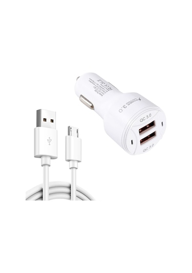 Te-092 36w Çift Qc3.0 Usb Hızlı Araç Şarj Cihazı + Usb'den Mikro Usb'ye Veri Kablosu Seti Beyaz