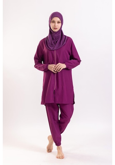 Kadın 23203 Büzgülü Paraşüt Tam Tesettür Mayo Mürdüm-mürdüm 33941 - 1 Mürdüm