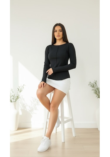 Divinus Kadın Slim Fit Pamuklu Uzun Kollu Bodysuit Siyah