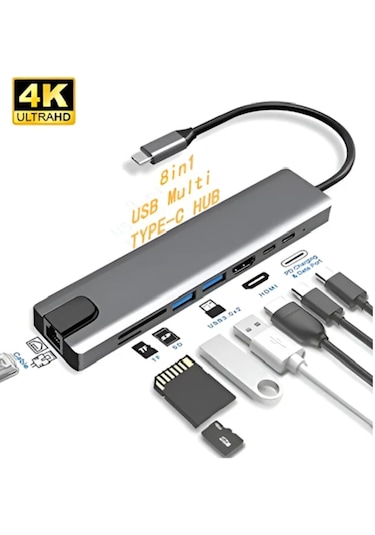 Usb C Hub 8 In 1 Tip C 3.1 Ila 4k Hdmı Adaptörü İle Rj45 Sd/tf Ka