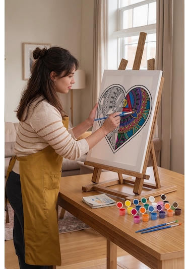 Kalp Desenli Mandala Ahşap Boyama Seti 40x50 Cm