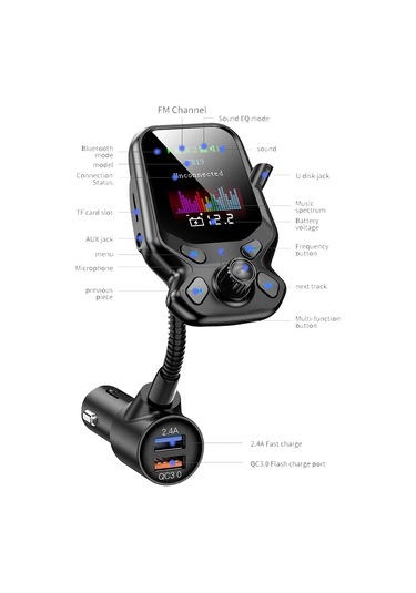 T819 Renkli Ekran Araba Bluetooth 5.0 Mp3 Fm Verici