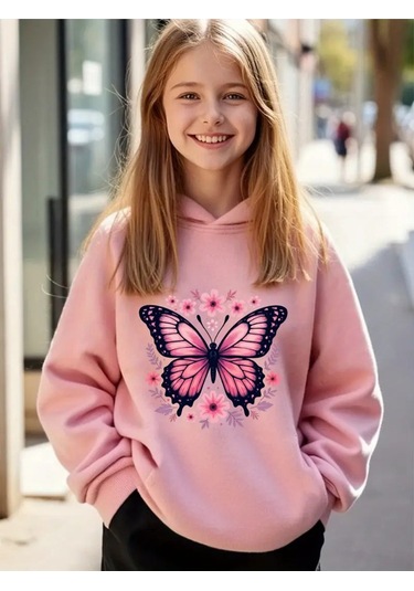 Kışlık Kapüşonlu Sweatshirt, Çocuk Pembe Kelebek Baskılı Pembe