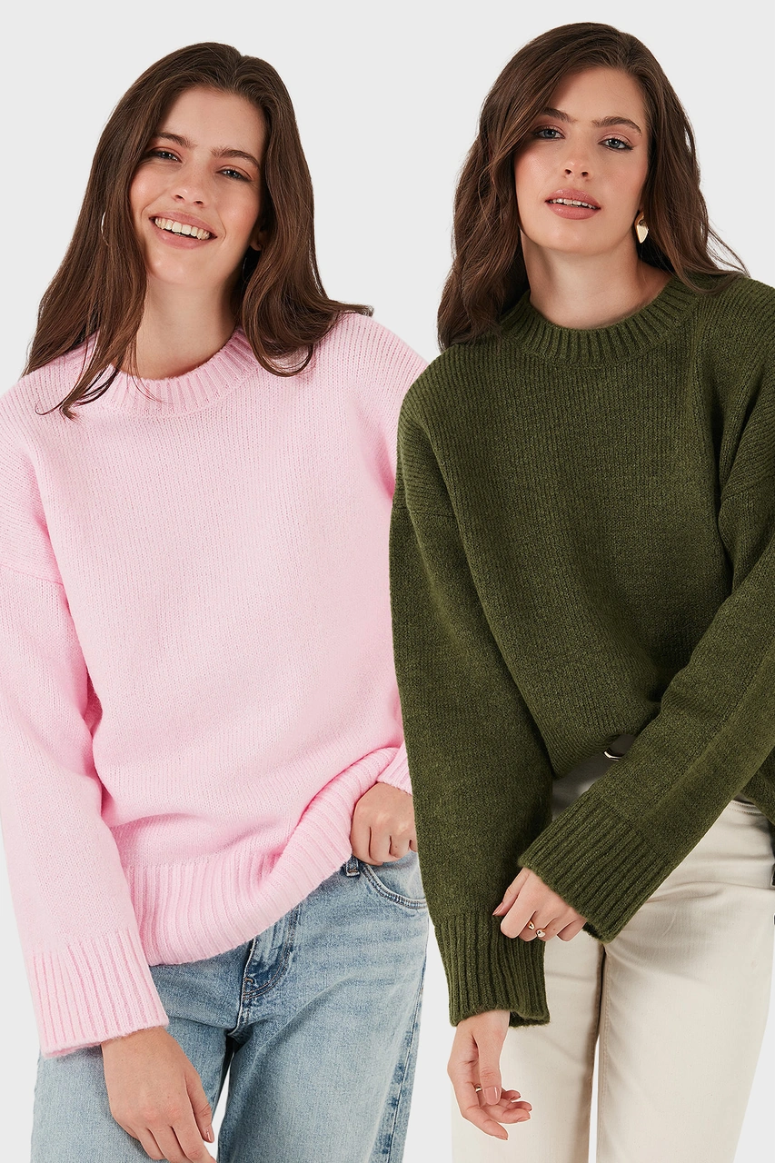 Lela Regular Fit Bisiklet Yaka Basic 2'Li Paket Triko Bayan Kazak 4616213S2 Toz Pembe-Haki