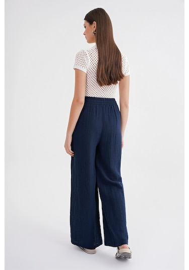 4286 Kadın Bol Paça Beli Lastikli Müslin Palazzo Pantolon Lacivert Lacivert