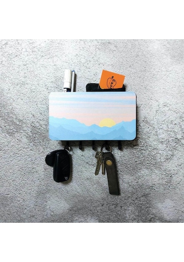 Dekoratif Manzara Desenli Bölmeli Ahşap Anahtarlık Askılık Duvar Dekor Diğer