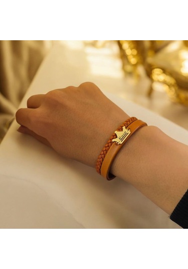 Archin Rosa İsmine Özel 14 Ayar Altın Plakalı Kahverengi Derili Taç Motifli Hediye Bileklik-467isim Rosa