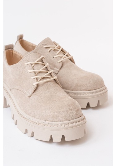 868-754 Bej Süet Bağcıklı Günlük Yüksek Tabanlı Loafer Ayakkabı Bej