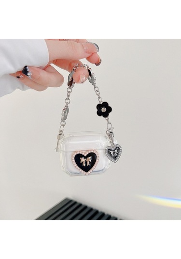 Apple Airpods 3. Nesil İle Uyumlu Kılıf Kalp Leopar Taş Kiraz Desenli Fiyok Tutmalı Kılıflar Siyah+gümüş