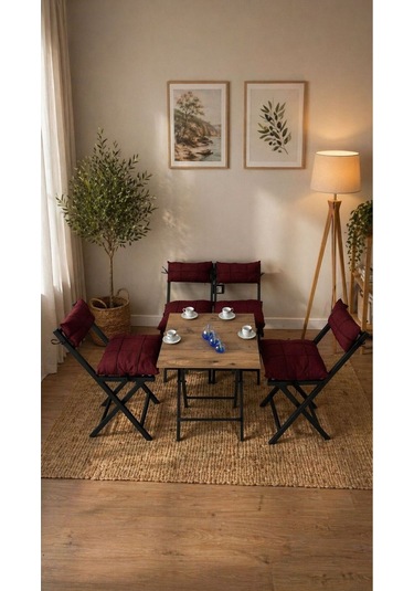 Minderli Balkon Bahçe Mutfak Bistro Set Katlanır 4+1 Masa-sandalye Bordo