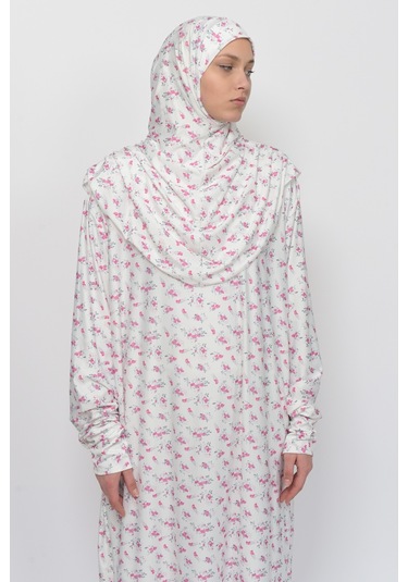 Pratik Tek Parça Çiçek Desenli Kollu Tak Çıkar Başörtülü Likralı Tesettür Namaz Elbisesi 990-0201 Pembe Antrasit