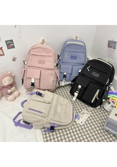 Ganzhoushop Tuval Stil Sırt Sırt Seyahat Renk Preppy Okul Kadın Hit Çantası Çantası Büyük Black Dr Siyah