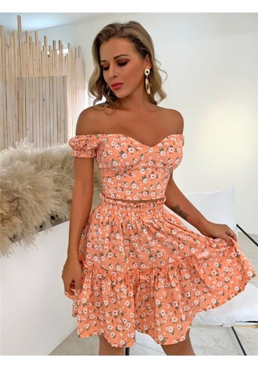 Minik Çiçek Desenli Düşük Omuz Bağcık Korse Bluz Etek Takım Turuncu Turuncu