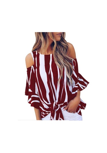 Kadın Gömlek Yuvarlak Yaka Askısız Bol Dikey Çizgili Günlük Üst Bordo