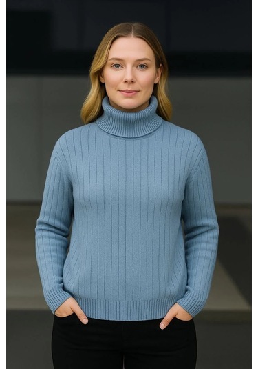 Kadın Balıkcı Yaka Bağazlı Triko Kazak Pamuklu Kalın Fitilli Dokuma - Bebek Mavisi Bebek Mavisi