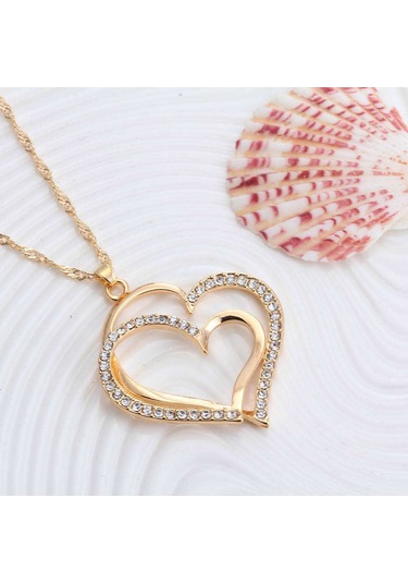 Çok Şık ,Taş İşlemeli, Kalp Takı Seti Kolye Küpe18Gp Sevgililer