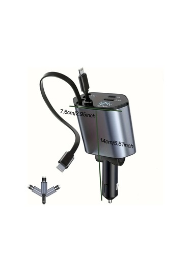 Honeybeeshop Type C Ve Ios İçin Metal Stil 66w Hızlı Araç Şarj Cihazı Teleskopik Kablolu 2 Usb Portlu İphone Samsung Xiaomi Uyumlu