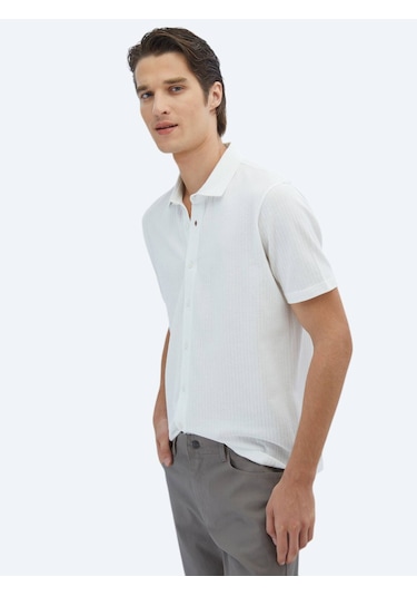 Kip Beyaz Desenli Regular Fit Casual %100 Pamuk Gömlek Beyaz