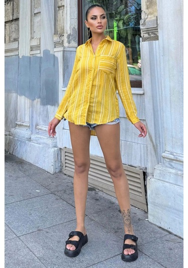 Kadın Sarı Uzun Kol Özel Kumaş Tek Cep Gömlek Dik Çizgili Arkası Uzun Basic Kesim Gömlek Sarı