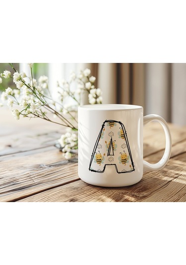 A Harfi Arı Desenli Kupa - Sevimli Hayvan Temalı Kişiye Özel Kahve Kupası - Şans Kupası Beyaz